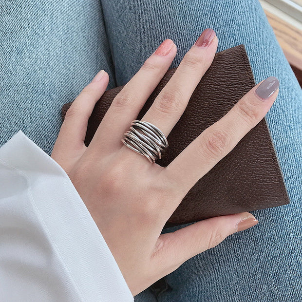 Verstellbarer Mehrlagiger Ring Aus Sterlingsilber 925 Mit Überlappenden Schichten Und Geflochtenem Design