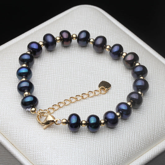 Elena Belccini - Armband Mit Perlenanhänger, Schwarze Süßwasserperle, Zarte Goldkettenglieder, Vintage-Charme