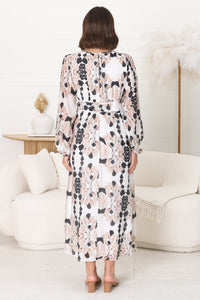 Helia Midi-Kleid – A-Linien-Kleid mit V-Ausschnitt und plissierter Taille