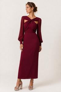 Damen Midikleid geknotet vorne langarm elegant feminin - Isolde