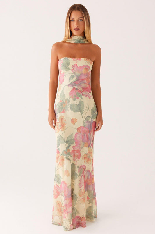 Camila - Langes trägerloses Chiffonkleid mit Blumendruck