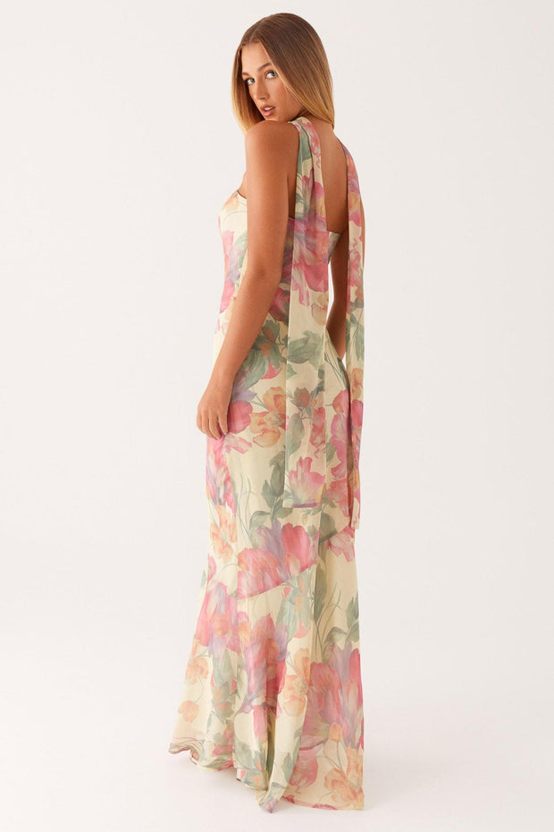 Camila - Langes trägerloses Chiffonkleid mit Blumendruck