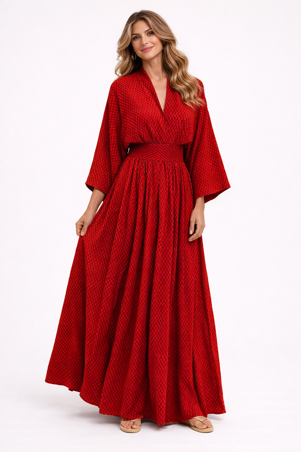 Woman wearing a red dress on a white background