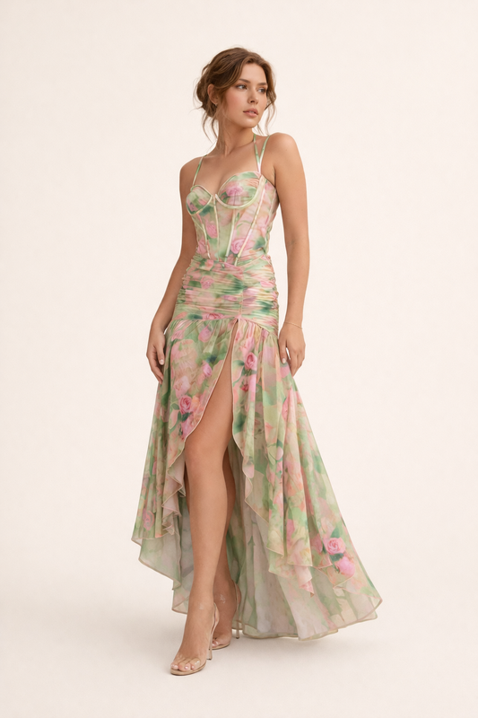 Woman wearing a floral dress with a high slit on a white background