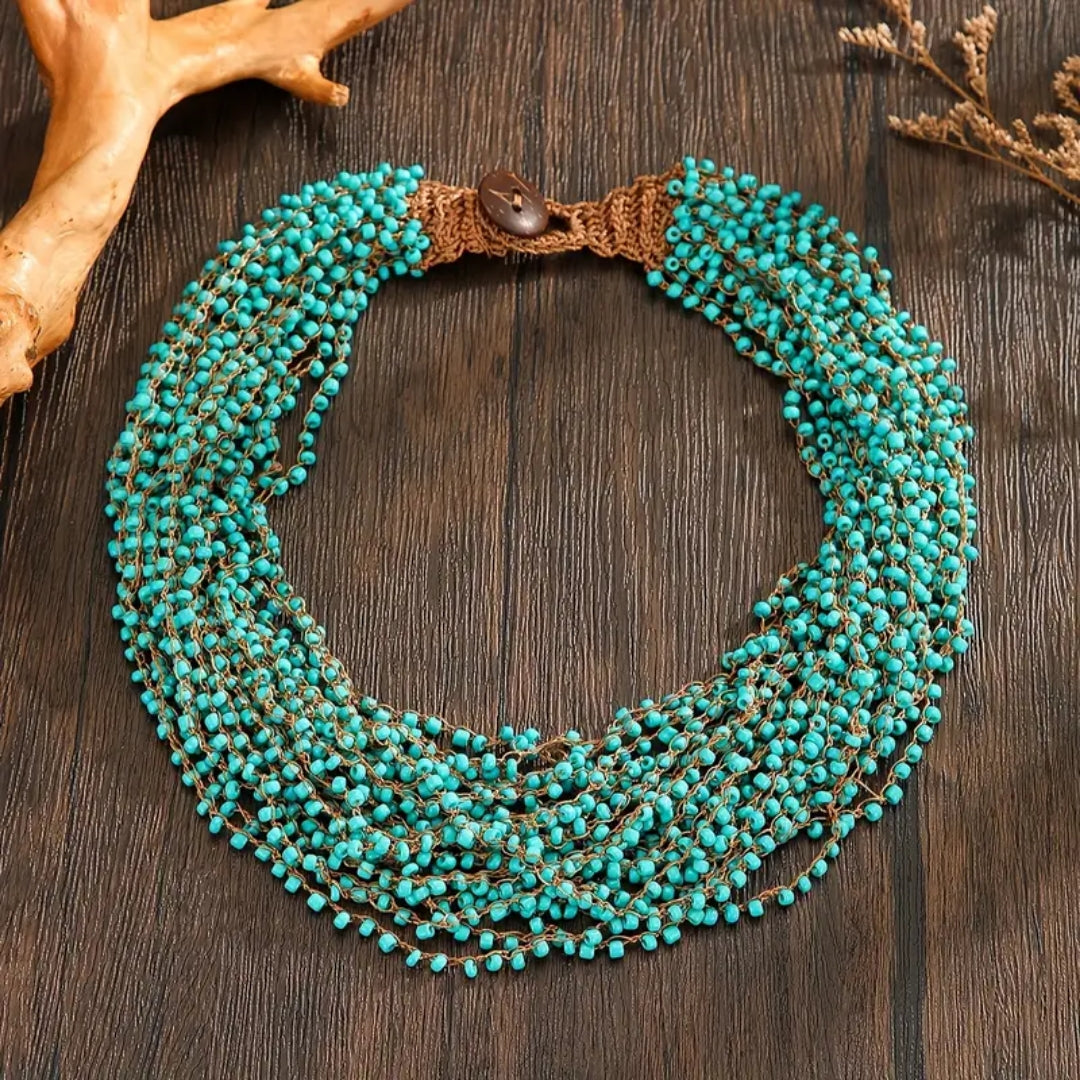 Handgefertigte Türkisperlenkette Juno Boho Stil Mit Mehrlagigem Texturiertem Design Für Sommer Outfits