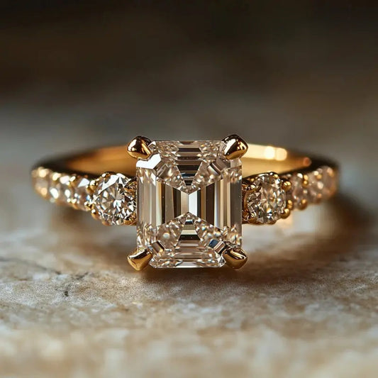 Ring Aus Glänzendem Goldenem Glas Mit Zentralem Diamant Im Smaragd-Schliff Und Seitlichen Diamanten - Keira