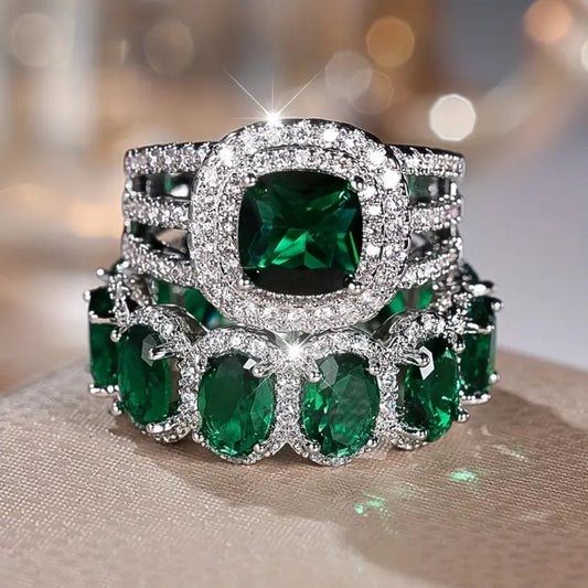 Set Kristallring Silberfarben Grün Anya Luxuriöses Schmuckset Mit Grünen Kristalle Und Weißen Diamanten