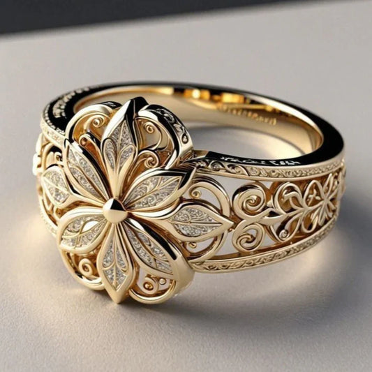 Exotischer Goldring Mit Florale Zirkonien Und Kunstvollem Blumenrelief Mit Elegantem Detailschmuck Jadea