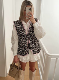 Jeansweste mit Leopardenmuster, Schleifendetails und lockerer Passform