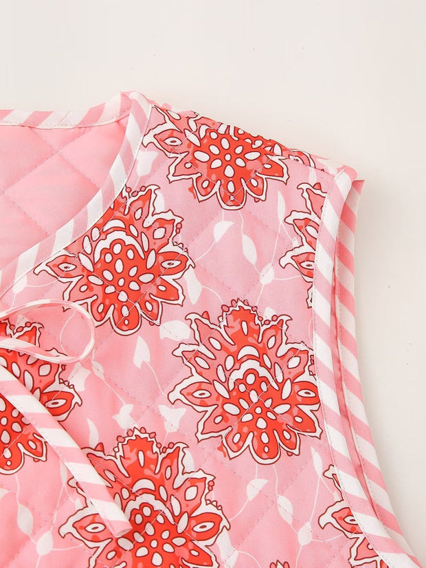 Jeansweste mit Blumenmuster, V-Ausschnitt und Bindedetails