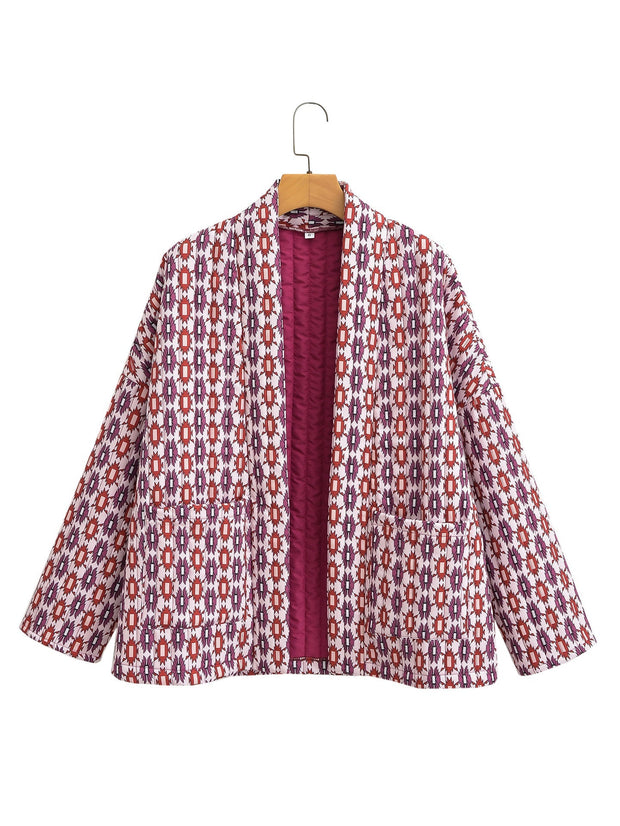 Steppjacke mit Blumenmuster, geometrischem Muster und Taschen