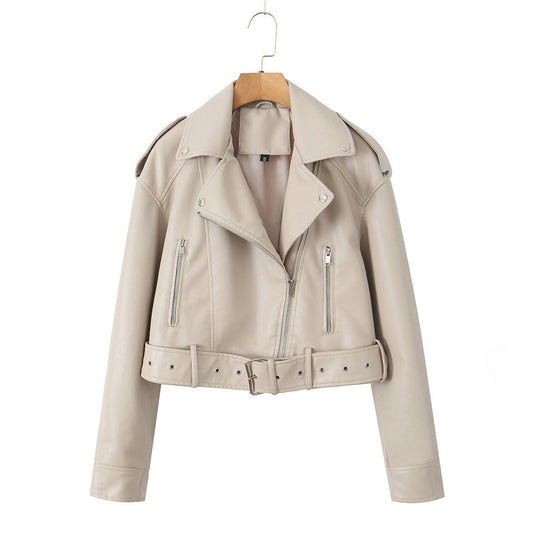 Kurze Damen-Bikerjacke mit Gürtel und Crossover-Verschluss - Zaireth