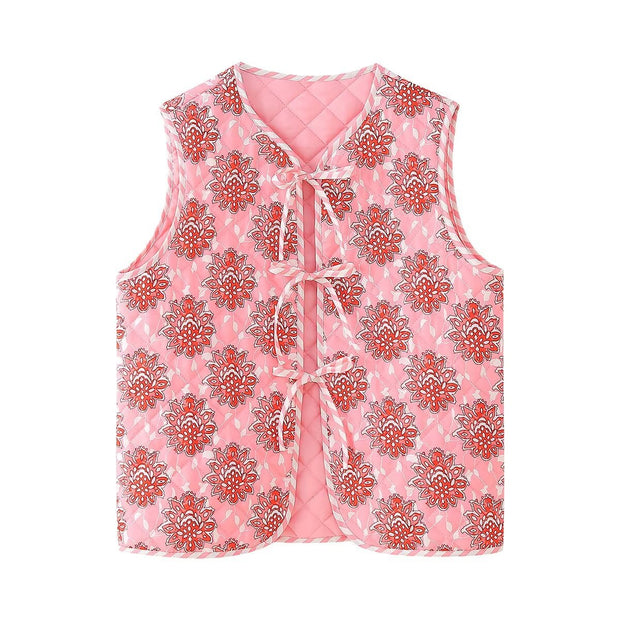 Jeansweste mit Blumenmuster, V-Ausschnitt und Bindedetails