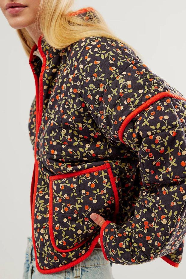 Jacke mit Blumenmuster, Taschen und überschnittenen Schultern