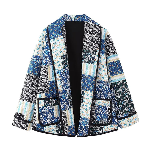 Jacke mit Blumenmuster, Patchwork und Reverskragen