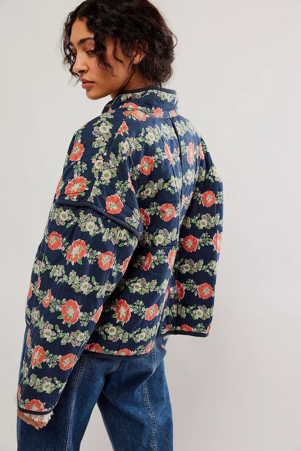 Jacke mit Blumenmuster, Taschen und überschnittenen Schultern
