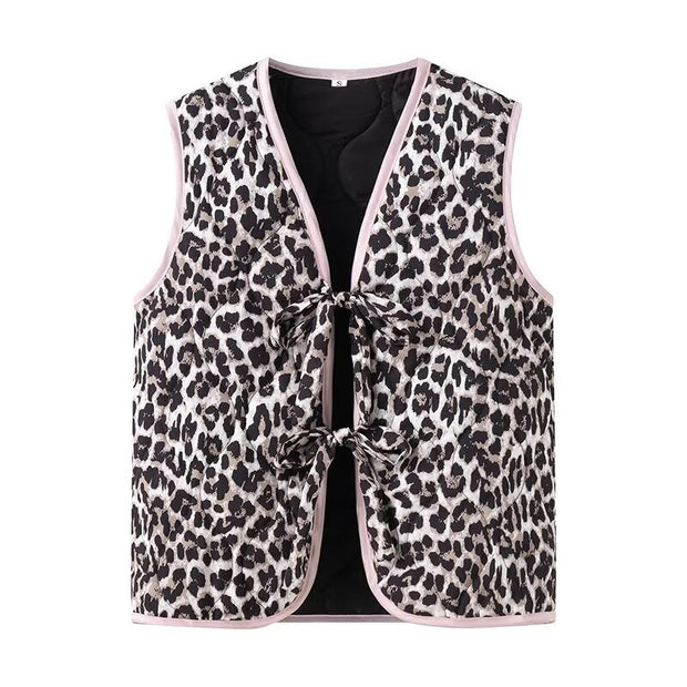 Jeansweste mit Leopardenmuster, Schleifendetails und lockerer Passform