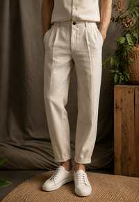 Herrenhose aus Leinen mit Bundfalten, geradem Schnitt, Gürtelschlaufen und Seitentaschen – Rene