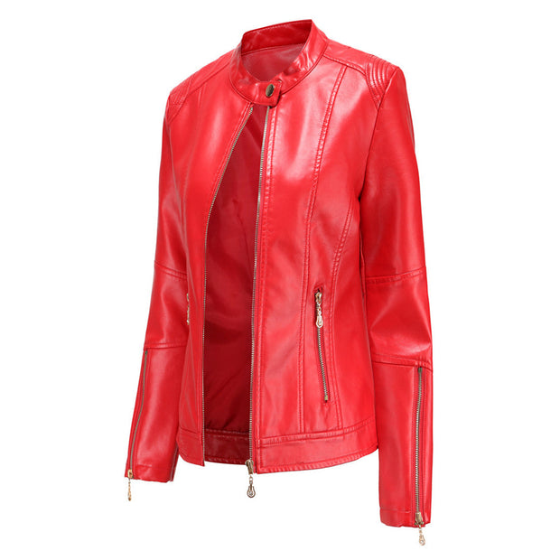 Elegante Lederjacke mit Rundhalsausschnitt und Knopfverschluss