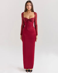 Florence - Langes Kleid mit langen Ärmeln in Weinrot und Spitze