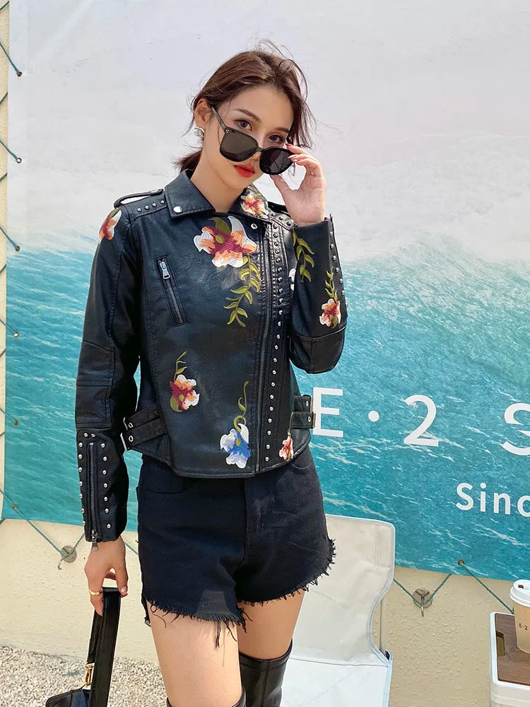 Vintage-Lederjacke mit Blumenmuster