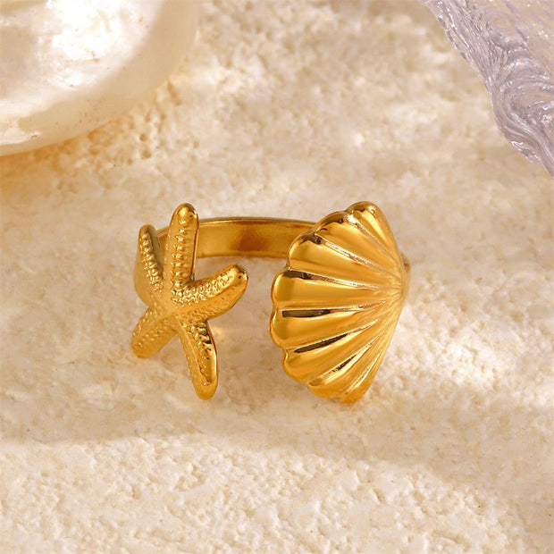 Ring Der Umarmung Des Ozeans In Goldton Mit Seestern Und Muschel Verstellbares Design Xenia