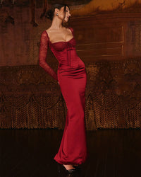 Florence - Langes Kleid mit langen Ärmeln in Weinrot und Spitze