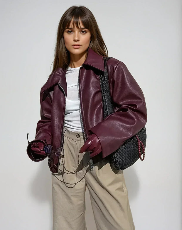 Rote Vintage-Lederjacke mit Reißverschluss
