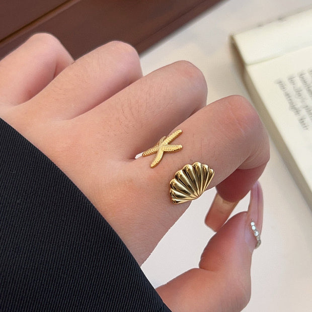 Ring Der Umarmung Des Ozeans In Goldton Mit Seestern Und Muschel Verstellbares Design Xenia