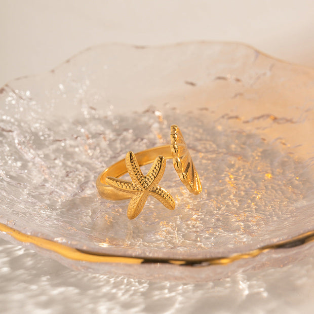 Ring Der Umarmung Des Ozeans In Goldton Mit Seestern Und Muschel Verstellbares Design Xenia