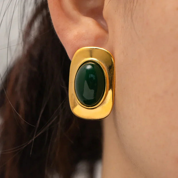 Vintage 18K Vergoldete Grüne Opal Oval Ohrringe