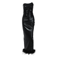 Marta - Schwarzes langes Kleid aus Pu-Leder für Frauen