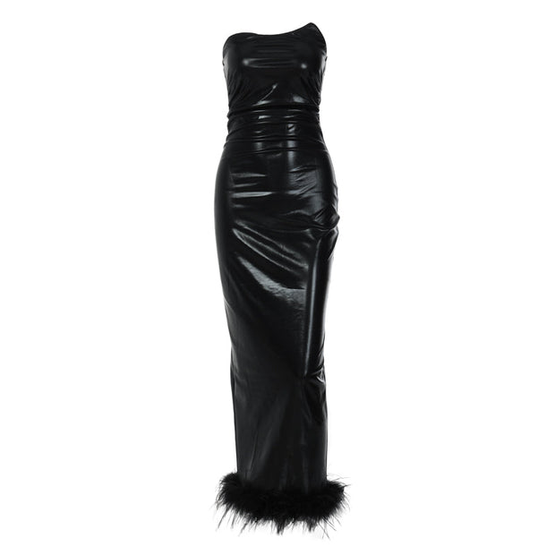 Marta - Schwarzes langes Kleid aus Pu-Leder für Frauen