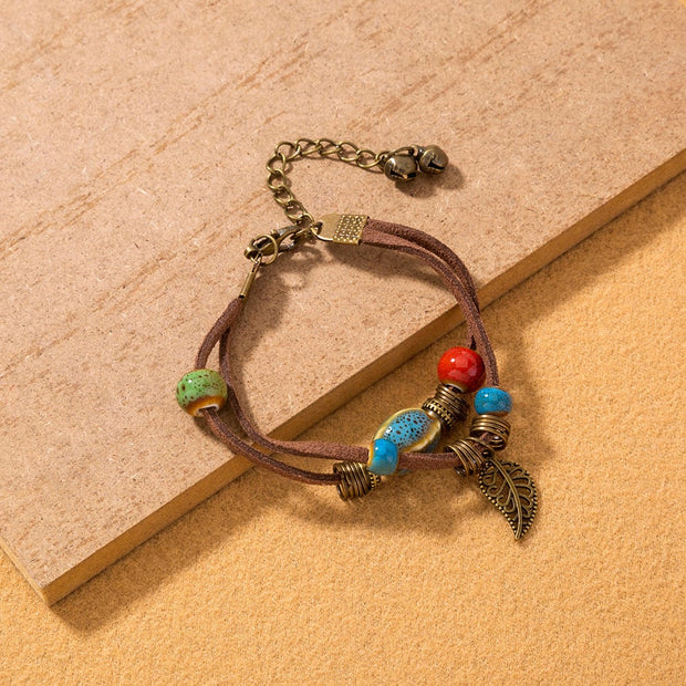 Boho-Armband Aus Leder Mit Keramikperlen Lantana - Elegantes Boho Schmuckarmband Für Den Alltag