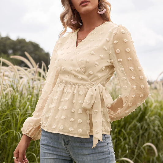 Anita - Frühlingsbluse aus Jacquard-Spitze mit V-Ausschnitt für Damen