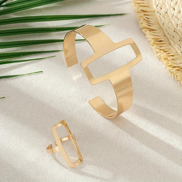 Geometrisches Armband Und Ring Set Liana Elegantes Architektonisches Schmuckset Mit Offene Rechteckform Für Modernen Stil