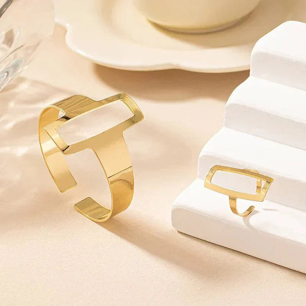 Geometrisches Armband Und Ring Set Liana Elegantes Architektonisches Schmuckset Mit Offene Rechteckform Für Modernen Stil