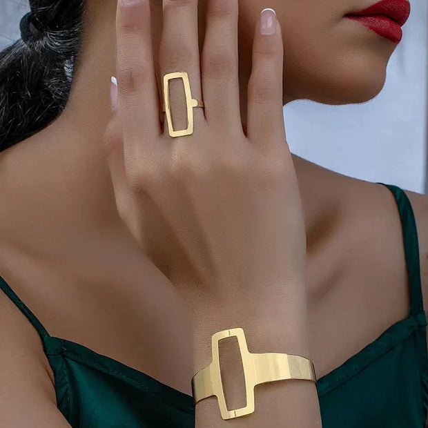 Geometrisches Armband Und Ring Set Liana Elegantes Architektonisches Schmuckset Mit Offene Rechteckform Für Modernen Stil