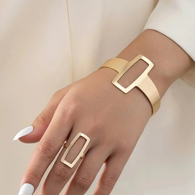 Geometrisches Armband Und Ring Set Liana Elegantes Architektonisches Schmuckset Mit Offene Rechteckform Für Modernen Stil