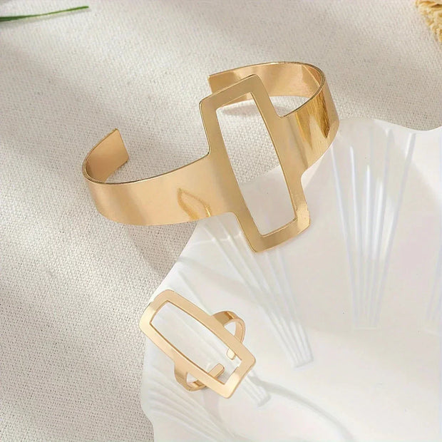 Geometrisches Armband Und Ring Set Liana Elegantes Architektonisches Schmuckset Mit Offene Rechteckform Für Modernen Stil