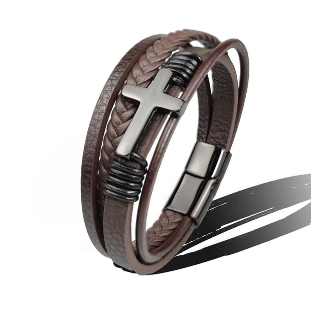 Herrenarmband Aus Geflochtenem Leder Mit Kreuz Aus Edelstahl Sentinel Stilvoll Und Bedeutend