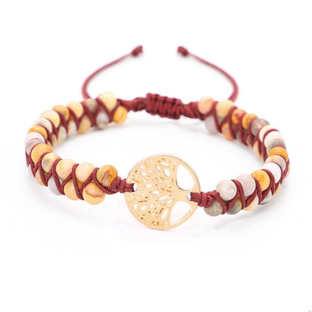 Geflochtenes Yoga Armband mit Anhänger des Baums des Lebens in Goldton, Natursteine, Baumwollkordel, Harmonisch