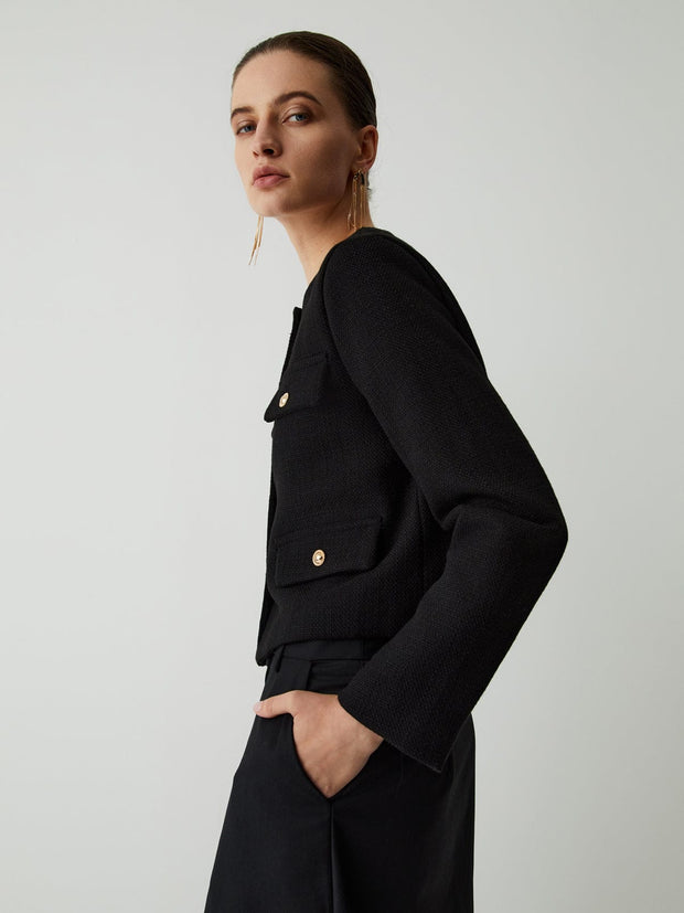 Kurze Tweedjacke für Damen mit goldenen Knöpfen und Rundhalsausschnitt – Miriam