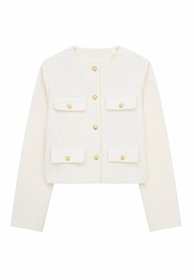 Kurze Tweedjacke für Damen mit Rundhalsausschnitt und Taschen – Susie