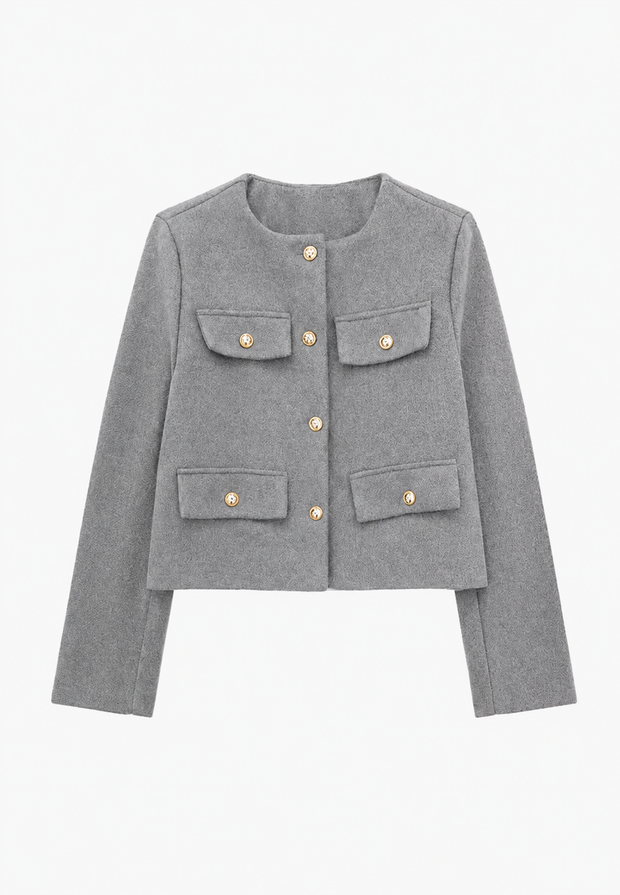 Kurze Tweedjacke für Damen mit Rundhalsausschnitt und Taschen – Susie