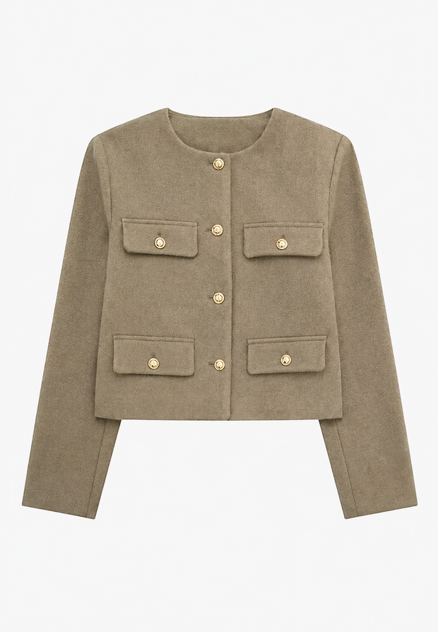 Kurze Tweedjacke für Damen mit Rundhalsausschnitt und Taschen – Susie