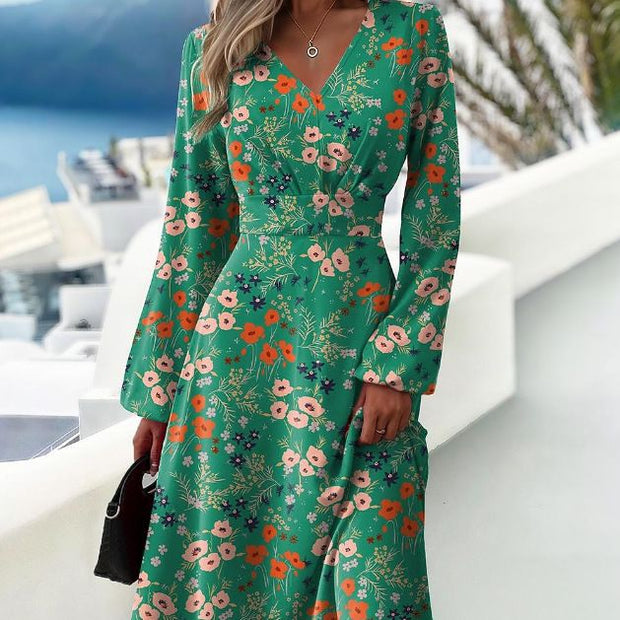 Tanschi - Florales Midi-Ärmel-Kleid mit V-Ausschnitt