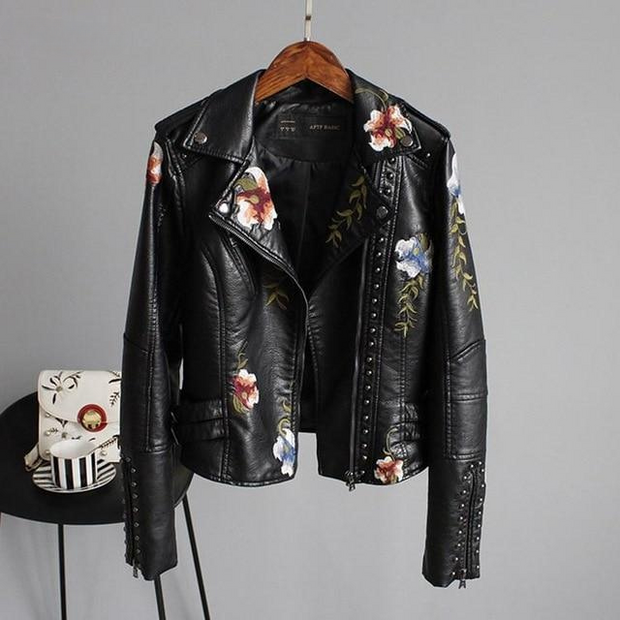 Lederjacke mit Blumenstickerei