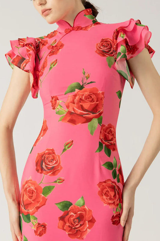 Elena - Langes Kleid mit ausgestellten Ärmeln und floralem Rosendruck
