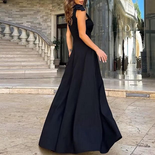Damen ärmelloses langes Kleid mit Schlitz und V-Ausschnitt mitternachtsblau - Elara